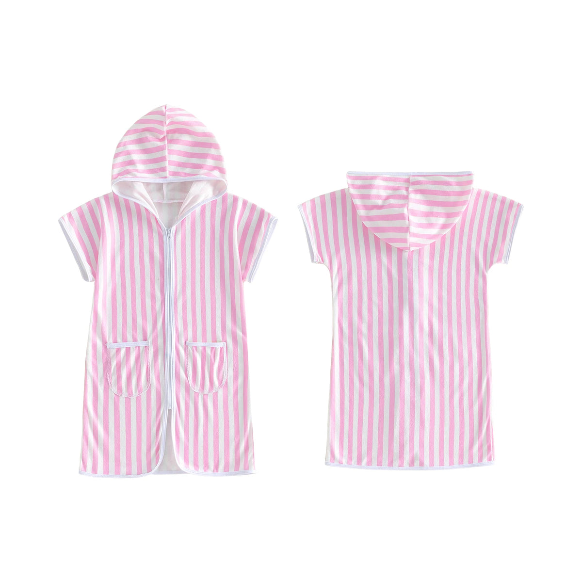 1-6Y Kids Swimwear Cover-ups Striped Zip Up Short Sleeve Hooded Robe Shawl for Beach Pool for Boys Girls Swimsuits