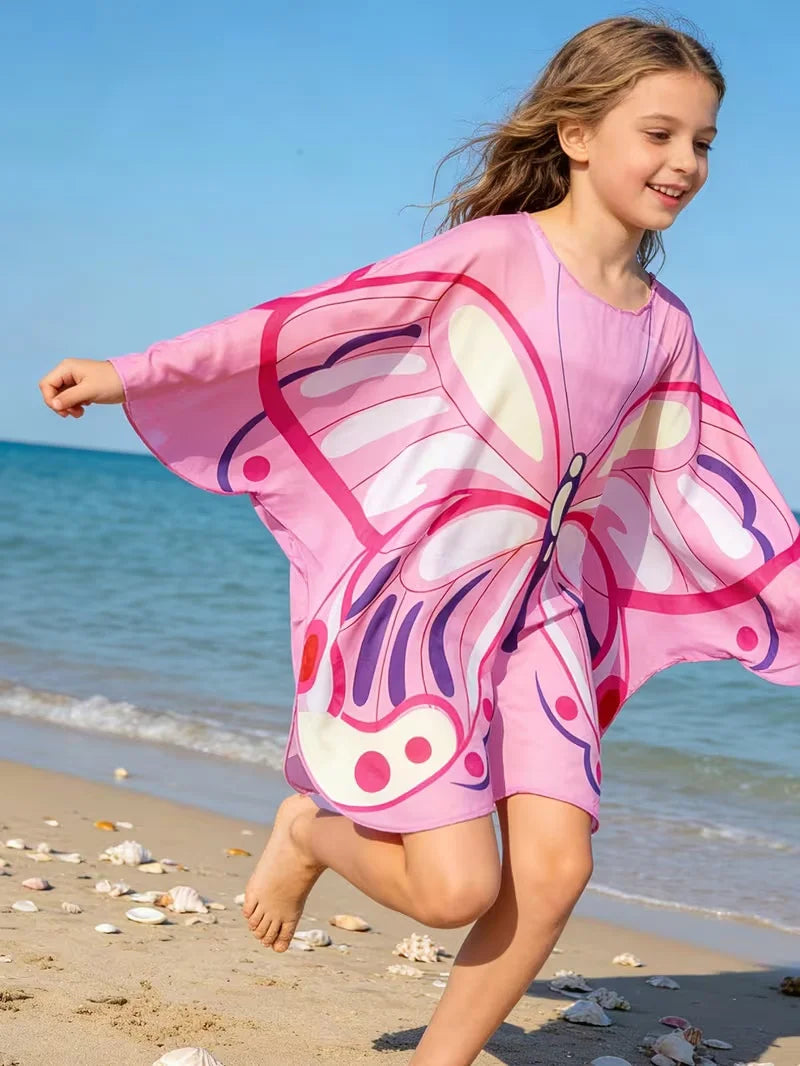 Kids Girls Butterfly Print Sunscreen Shirt Mesh Clothing for Beach Swimming Children's Swimwear Cover-Up Outerwear Single Piece