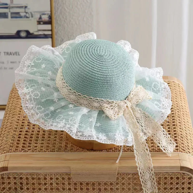 Summer Baby Girl Straw Hat Solid Color Lace Ruffle Kids Fisherman Cap Outdoor Beach Caps Sunshade Wide-brim Bucket Hats