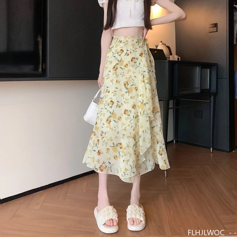 Wrap Up Chic Korea Clothes Women Cute Girls Floral Robe Holiday Beach Date High Waist Retro Vintage One-Piece Lace-Up Skirts