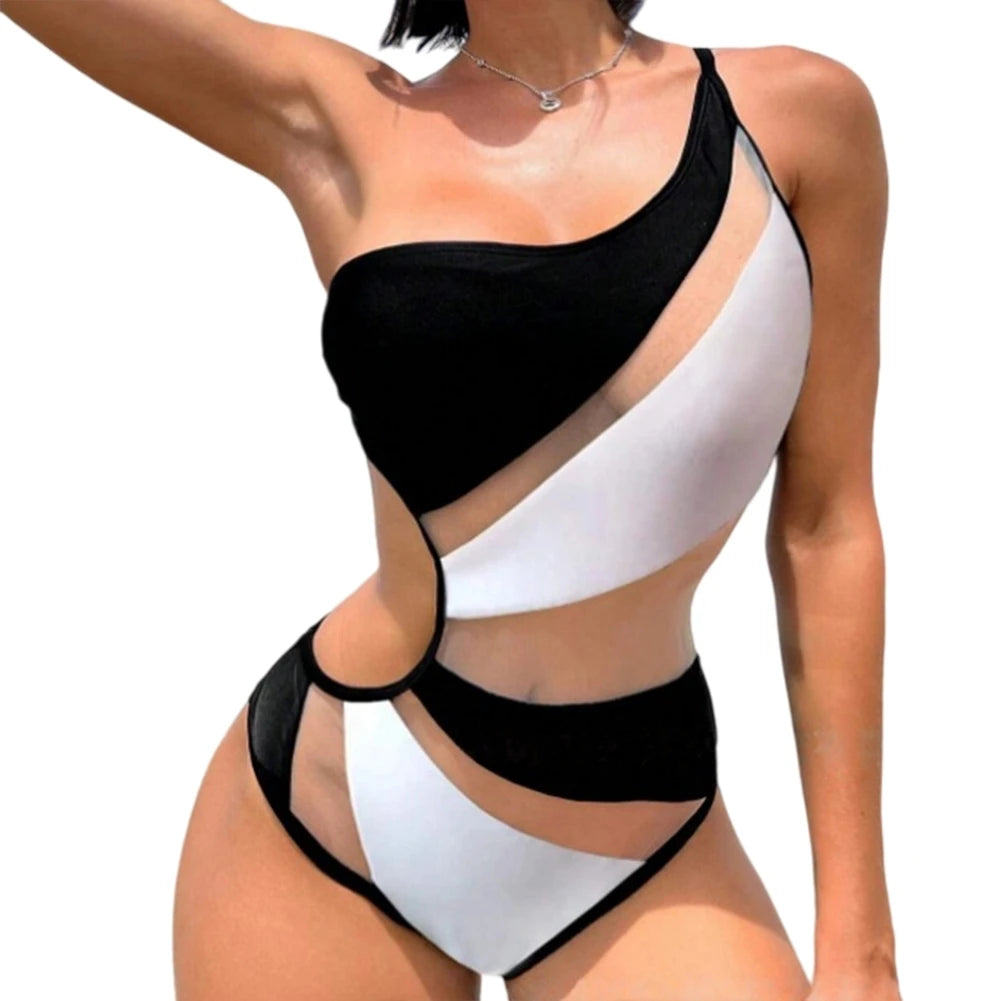 Women One-Piece Swimsuit One-shoulder Mesh Hollow Out Spliced Bathing Suit Beachwear Black White Bikini Swimwear
