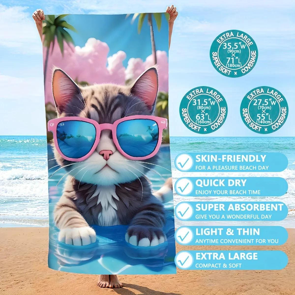Adorable Cat-Printed, Skin-Friendly, Quick-Dry, Super Absorbent, Light & Thin, Extra Large Beach Towel!