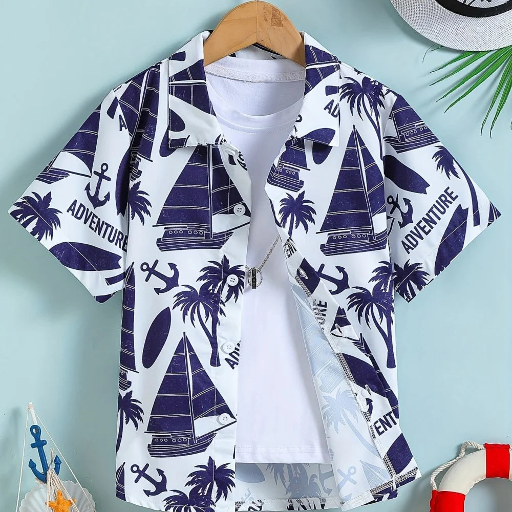 Hawaiian Children's Shirt Coconut Tree Pattern Print Kids's Short Sleeves Shirt Holiday Seaside Tops Outdoor Children's Clothing