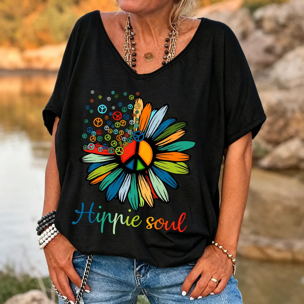 Ilstile Women's Hippie Soul Peace Daisy T-Shirt Retro Boho Flower Print V-Neck Short Sleeve Loose Fit Casual Summer Top