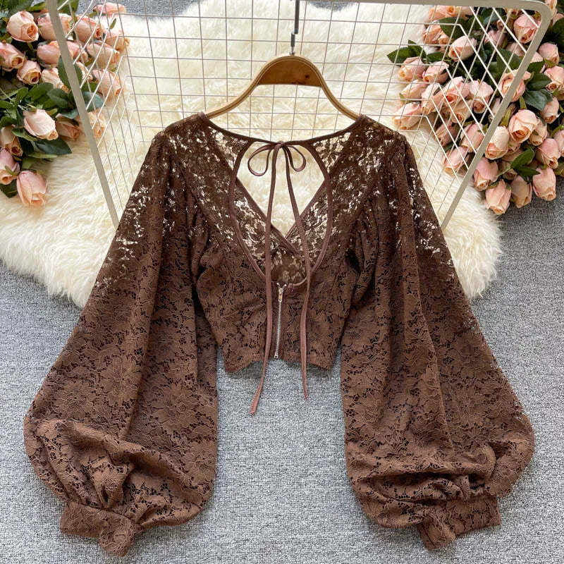 Frenchic Sexy Blusas Mujer Crochet Lace Sheer Women Tops V-neck Lantern Sleeve Backless Lace-up Ladies Elegant Blouse