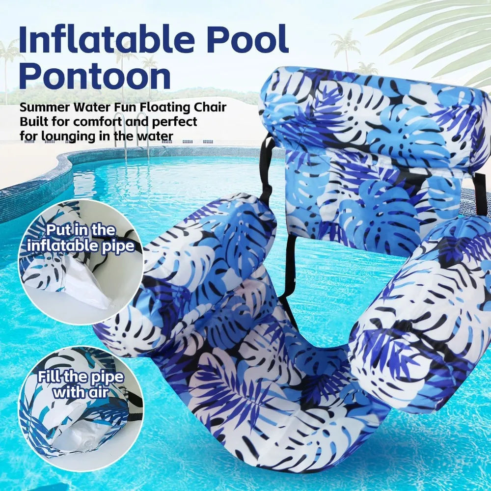 Inflatable Pool Floating Chair, 3 Airbags Anti-tip Leaf Print Floating Lounge, Water Hammock for Pool Beach Summer Water Play