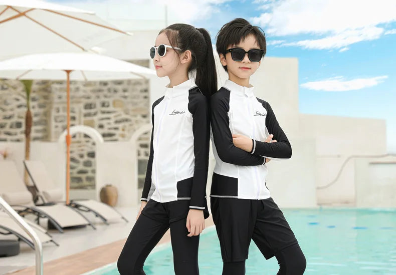 Three Piece Long Sleeve Cover Up Swimwear Korean Beach Wear Kids Girls Boys Swimsuit White Black Rash Guard Bathing Suits Pants