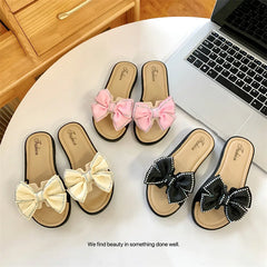 2026 New Bow Flats Open Toe Slide Sandals Non-slip Flip Flops Children Home Slippers Kids Girls Summer Cute Beach Slippers Shoe