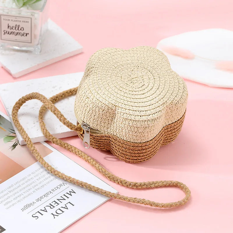 Summer Travel Children's Straw Shoulder Bags Flower Knitted Baby Girls Beach Coin Purse Seaside Cute Kids Woven Crossbody Bag