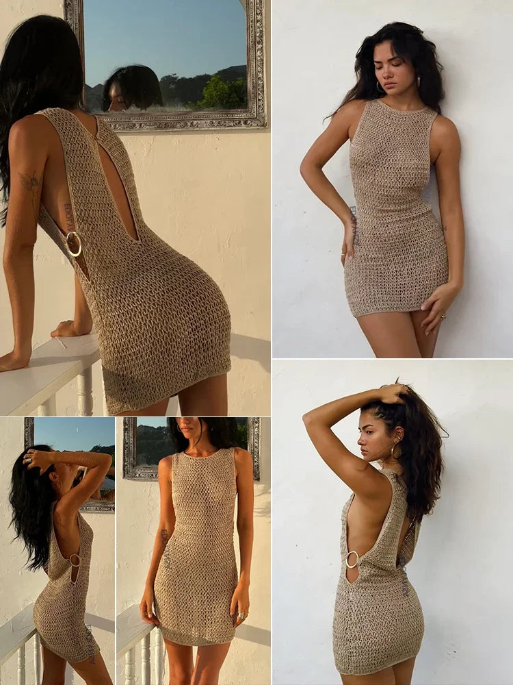 2024 Summer Sexy One Neck Cut Out Circle Decoration Corset Slim Beach Mini Dress Women Seaside Beachwear Swimwear Cover Up A2796