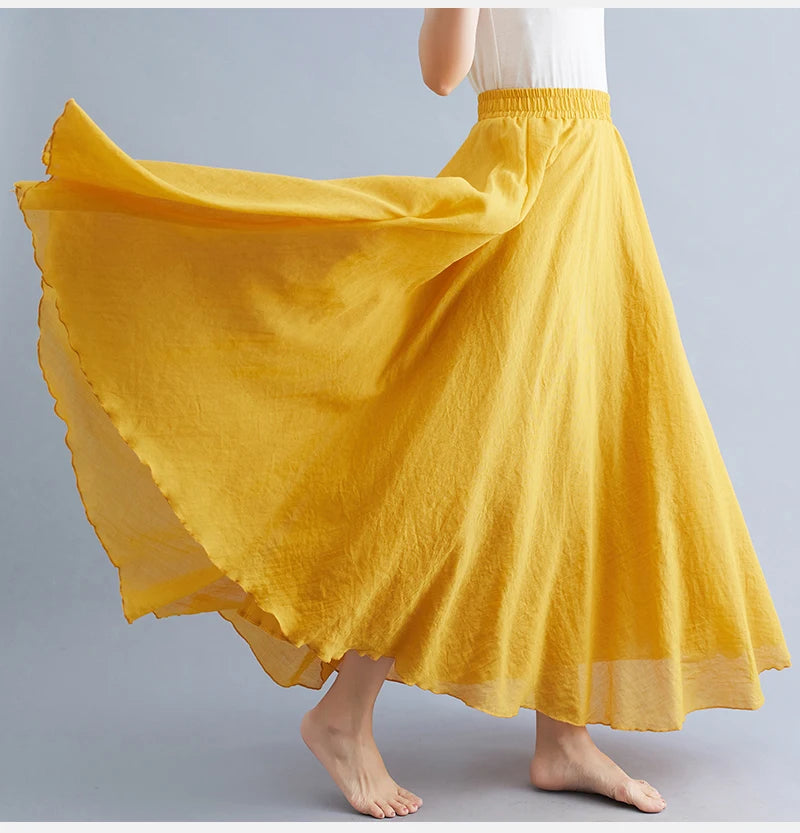 Boho Cotton Linen Beach Long Skirt Women Vintage Casual Solid A-line High Waist Dance Floor-Length Maxi Skirt Spring Summer New