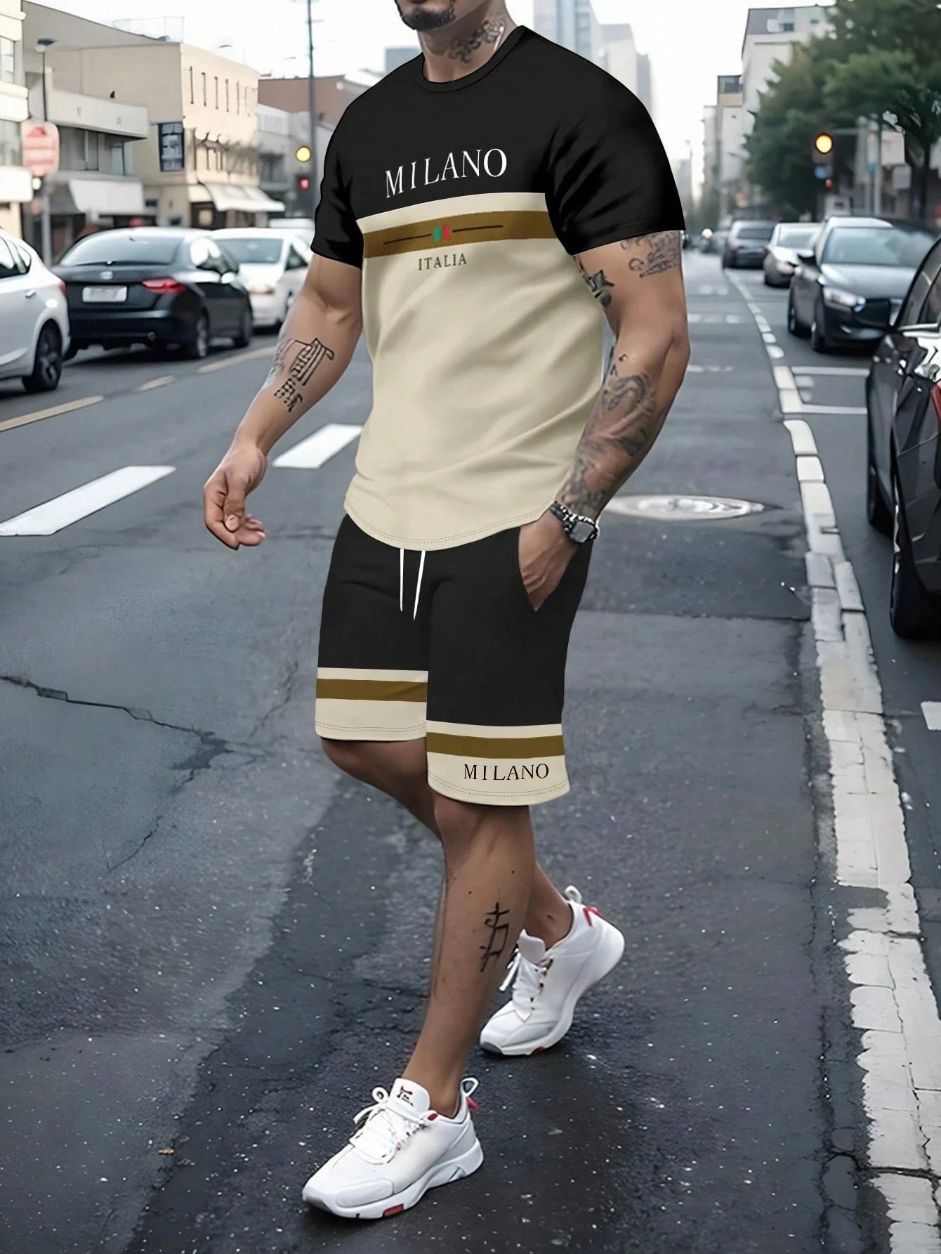 Summer Men's Stripe Letter Print Short Sleeve Top Shorts 2 Pieces Set Oversized Loose Round Neck T-shirt Man Drawstring Shorts