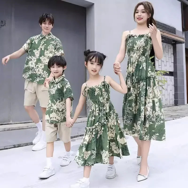 Holiday Family Matching Beach Clothes Couple Vacation Look Mom  Dress Resort Dad Son Print Shirts Outfits Daughter Smock Green