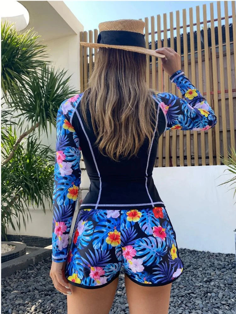 New Tankini Women Swimsuit Tropical Print Bikini Set Long Sleeve Swimwear Summer Shorts Beachwear Female Bathing Suit