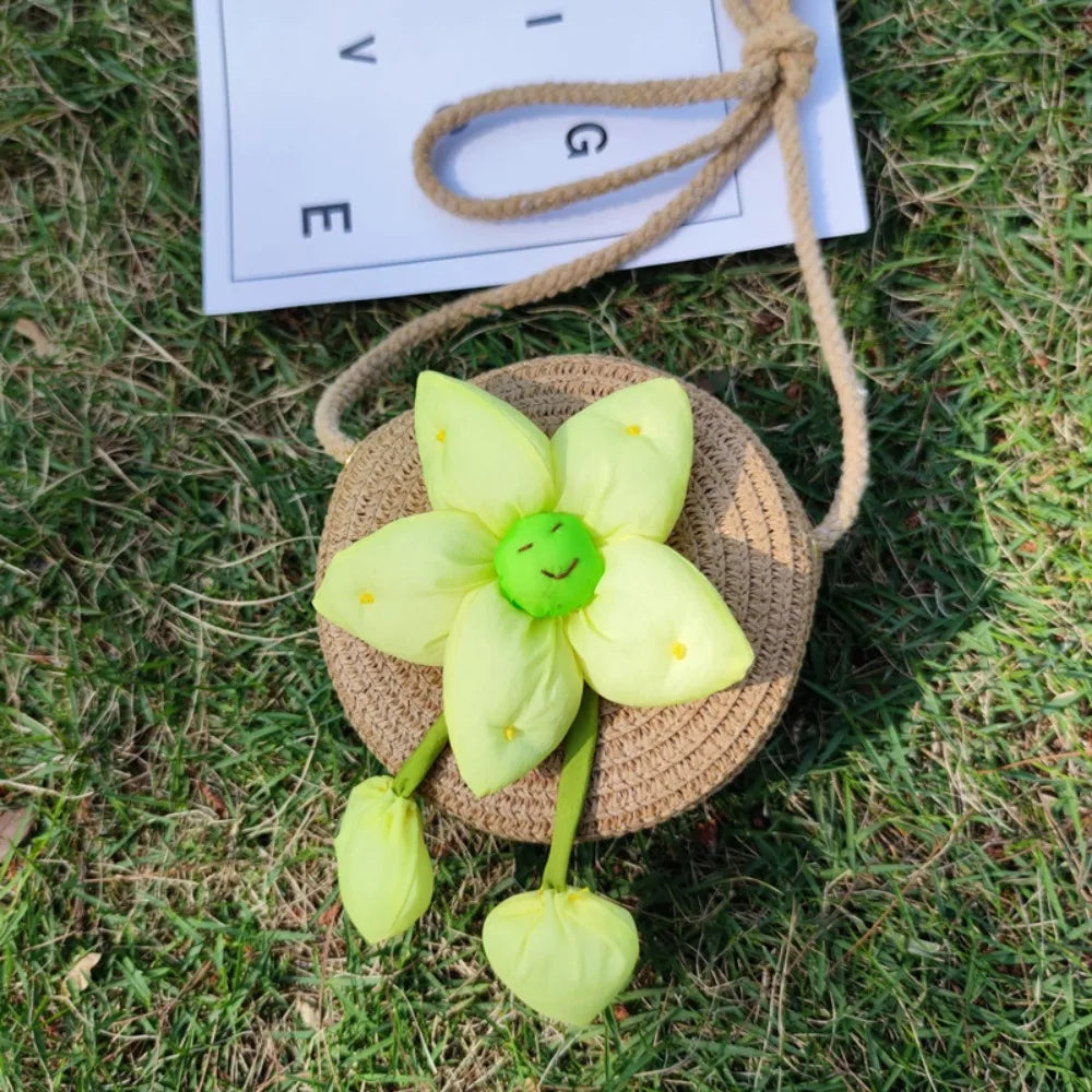 Flower Straw Baby Bags Handmade Summer Beach Women Girls Shoulder Bag Messenger Bag Kids Keys Coin Purse Princess Mini Handbag