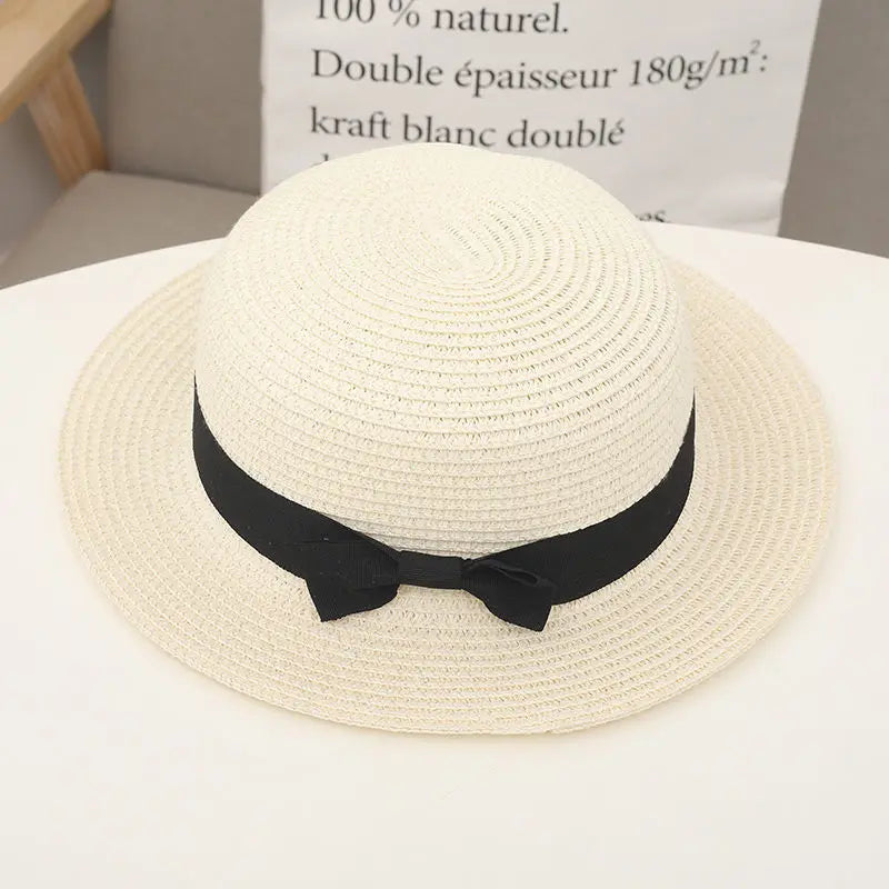 COKPanama Simple Summer Beach Sun Protection Bowknot French-style Small Hat Women's Casual Flat-Brimmed Straw Hat with Bow，Women