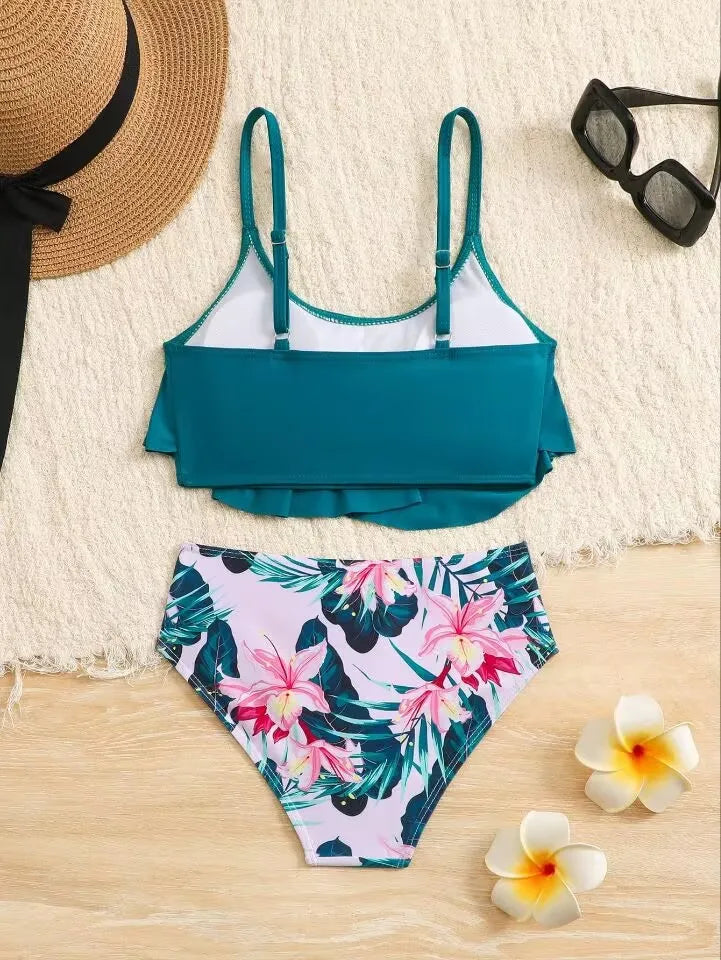 7-12 Years Girls Kids High Waist Ruffle Swimwear Summer Beach Children Swimsuit Print Biquini Teens Bathing Suit Pink Bikini Set