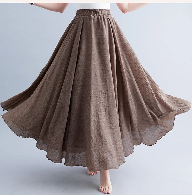 Boho Cotton Linen Beach Long Skirt Women Vintage Casual Solid A-line High Waist Dance Floor-Length Maxi Skirt Spring Summer New