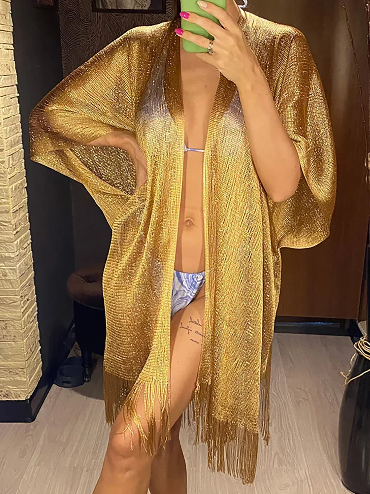 Sexy Fringe Tassel Sheer Knitted Beach Cover Up Dress Shiny Mesh Tunic for Women Swimwear Mesh Cover Lightweight Beach Dress