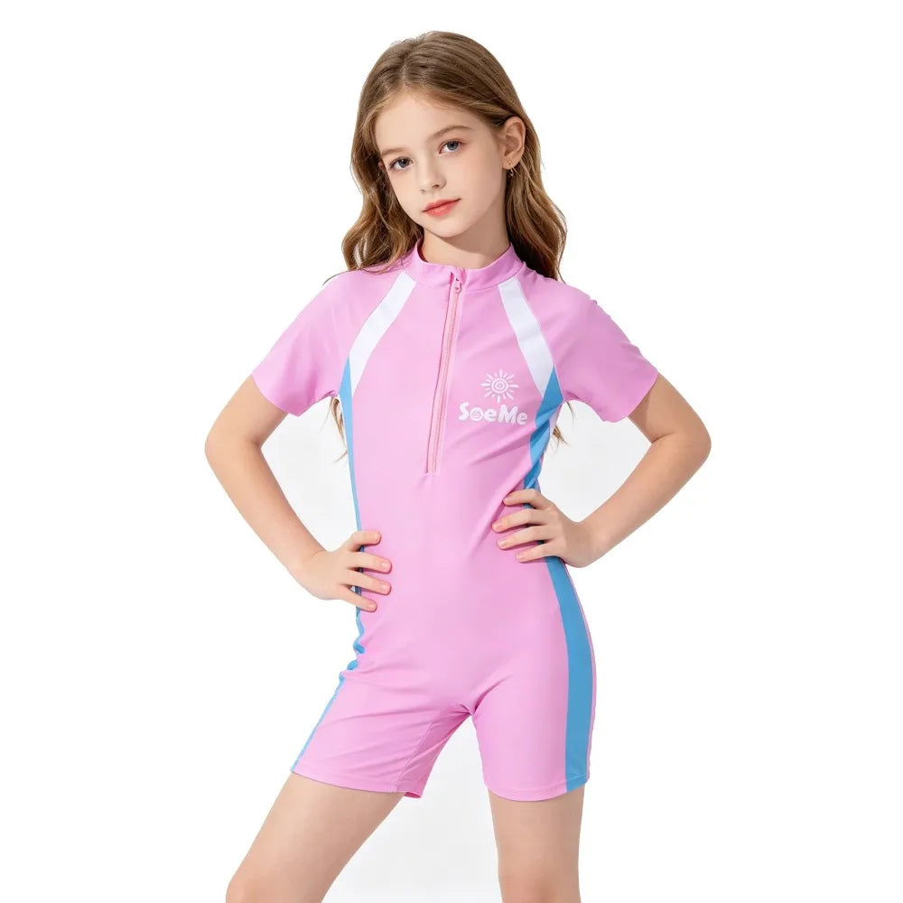 Girls Pink Sporty Striped One Piece Swimwear Summer Short Sleeve Zipper Rash Guard Kids Quick Dry Bathing Suit for Beach