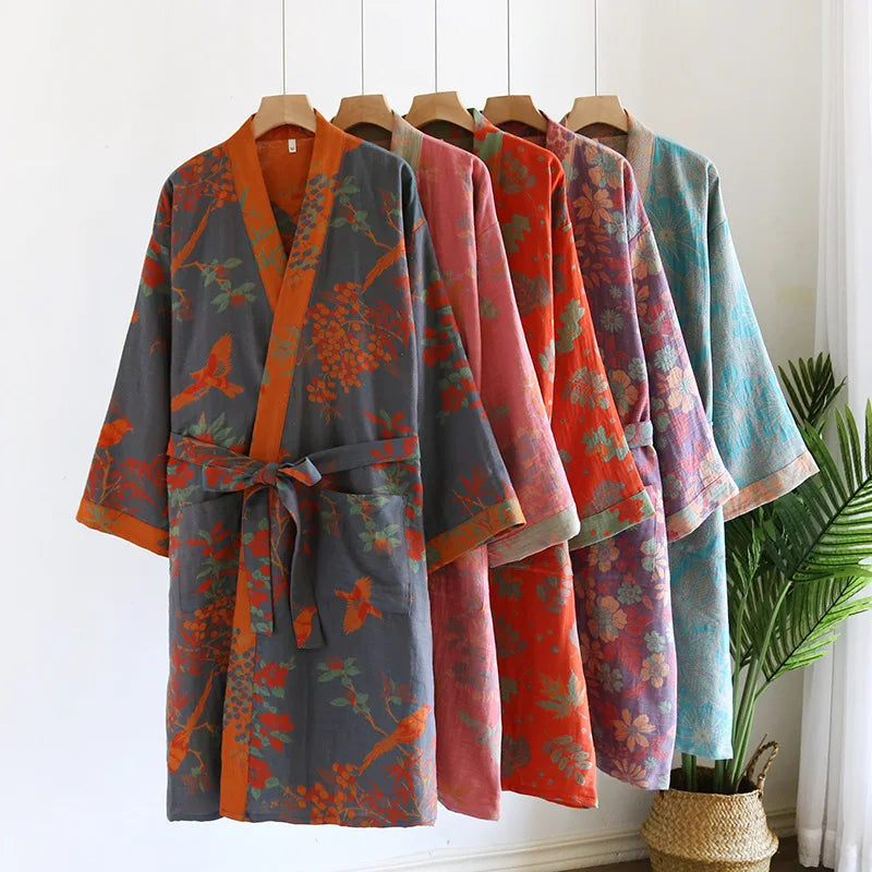 Pure Cotton Robe Women's Pajamas 3/4 Sleeve Spring Autumn Bathrobe Female Winter Morning Loose Home Wear Sleep Wedding Dress