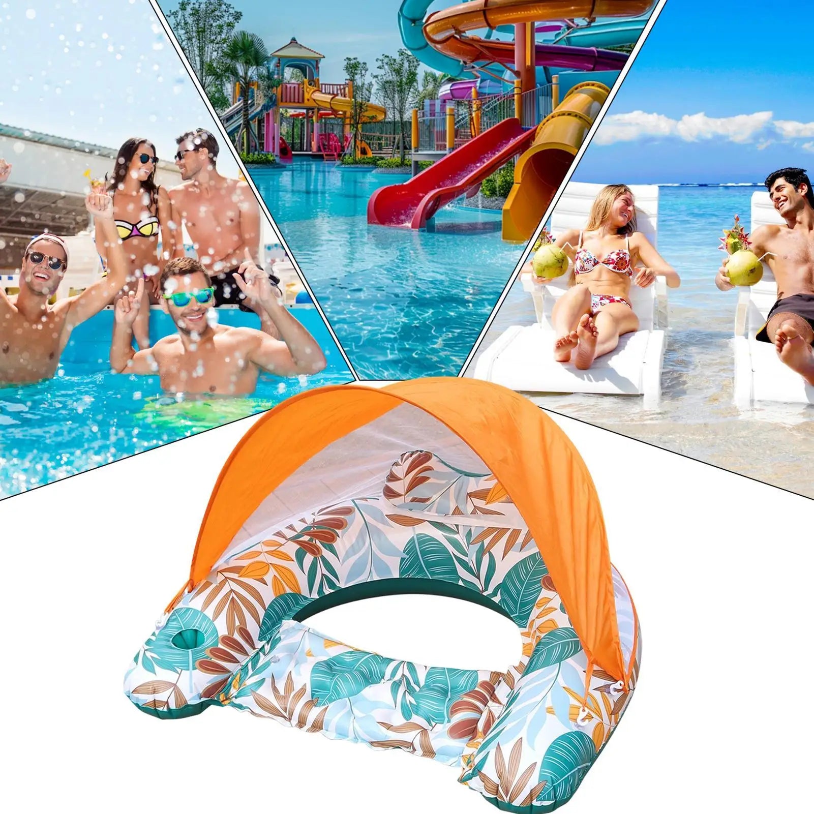 Inflatable Pool Float with Canopy Floating Lounge Chair Ergonomic Headrest Water Hammock for Summer Beach Vacation Relaxation