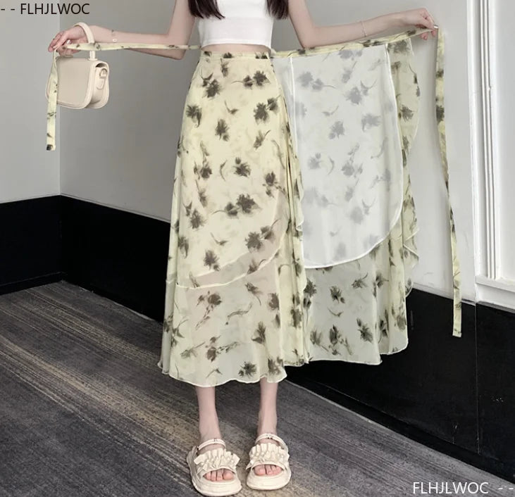 Wrap Up Chic Korea Clothes Women Cute Girls Floral Robe Holiday Beach Date High Waist Retro Vintage One-Piece Lace-Up Skirts