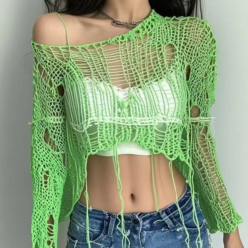 Y2k Cropped Hole Sweater Sexy Gyaru Hollow Out Knit Pullovers Goth Korean Long Sleeve Jumper Summer Fashion Sheer Knitwears Tops