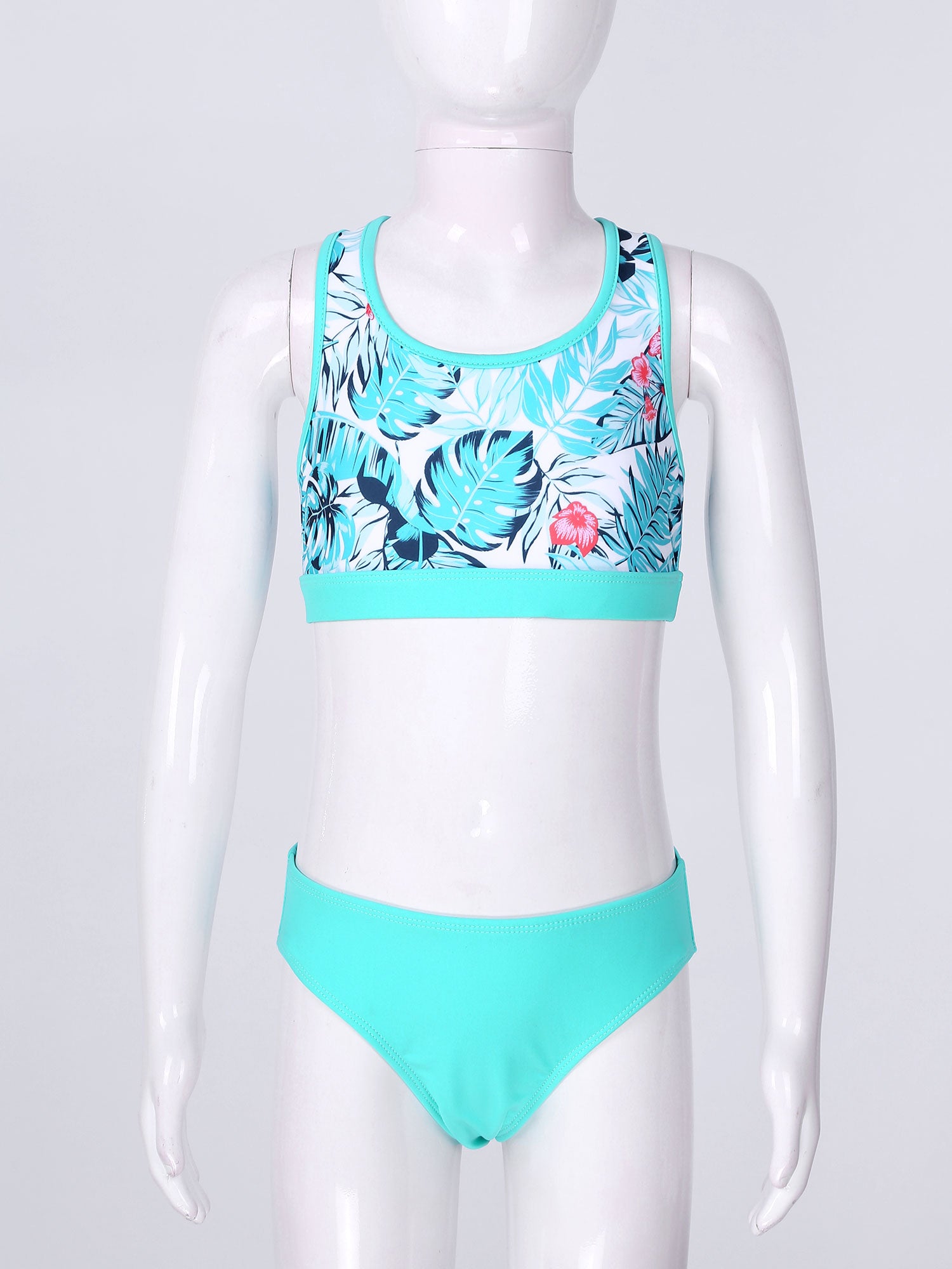 Kids Girls 4PCS Printed Swimsuit Long Sleeve Outerwear with Sleeveless Crop Top Briefs Shorts Bathing Suit Rash Guard Swimwear