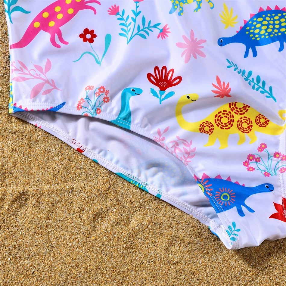 Dinosaurs Swimwear Family Matching Outfits V-Neck Mother Daughter Swimsuits Mommy and Me Dresses Clothes Father Son Swim Shorts