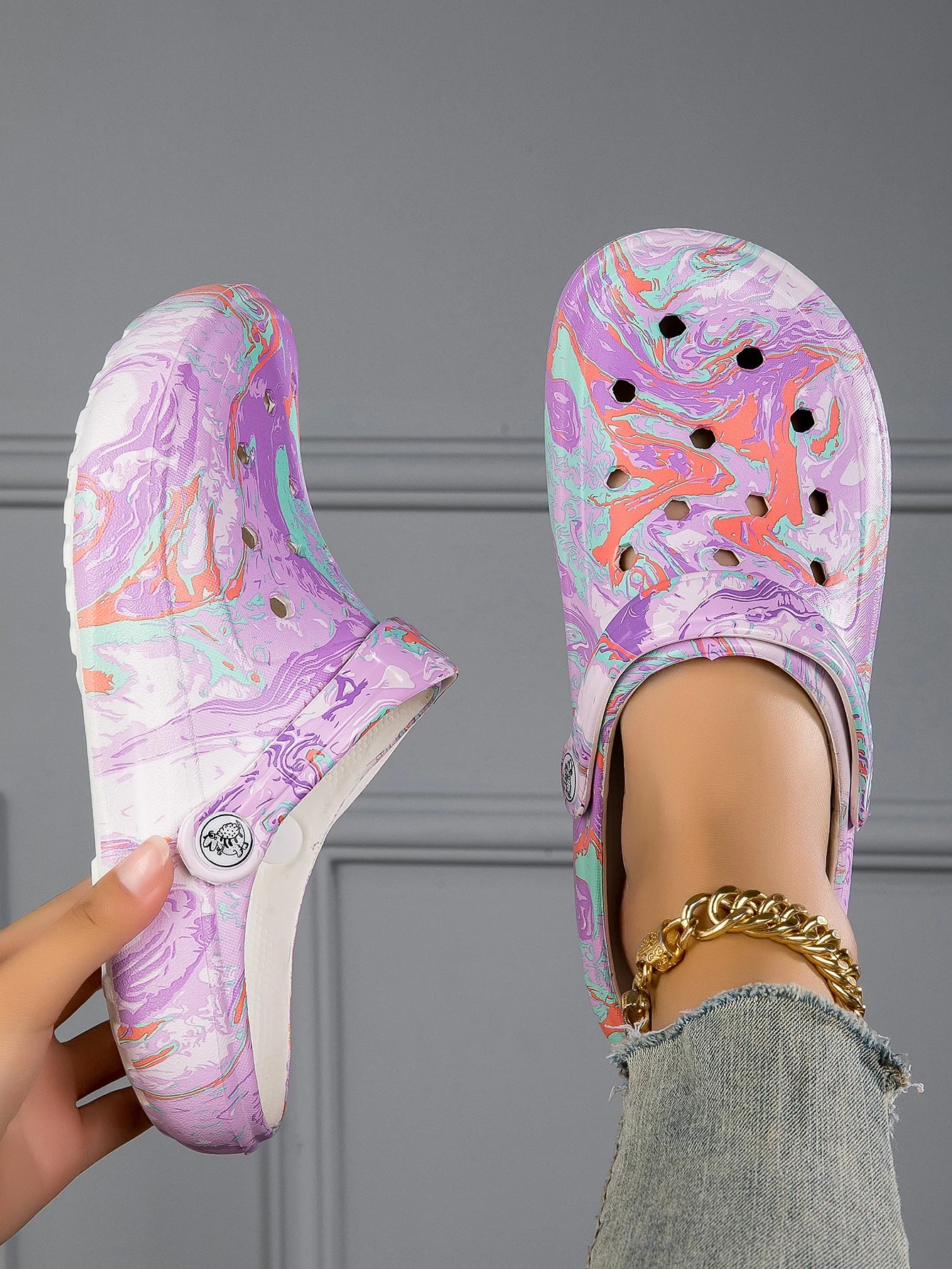 Garden Clogs Comfortable Women's Tie-dye Pattern Clogs, Slip On Lightweight Two-way Wear Clogs, Non-slip Summer Beach Slides 666