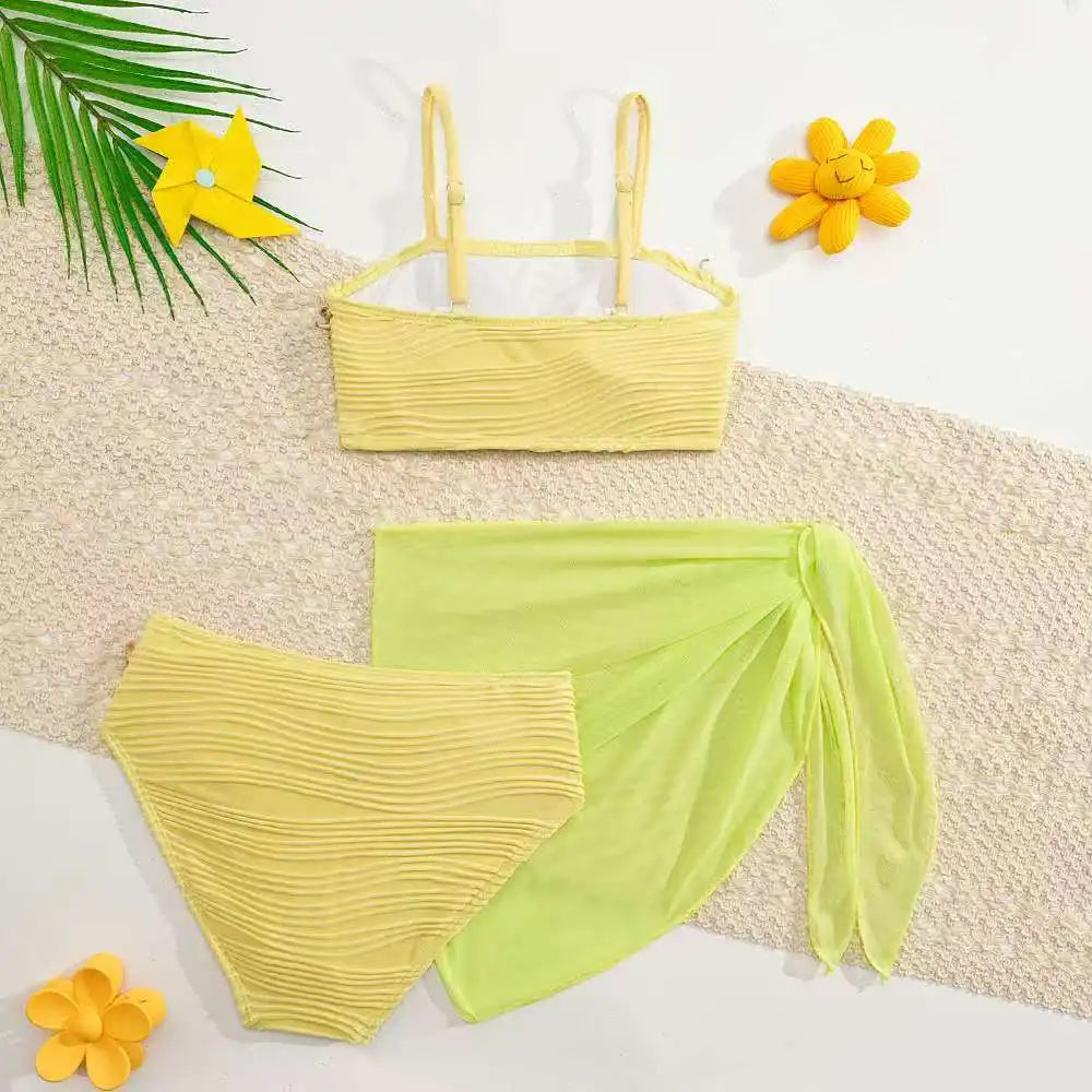 2026 Strappy Girls Swimsuit 3 Pieces Bikini & Skirt Bandeau Kids Swimwear Female Children's Bathers Bathing Swimming Swim Suit