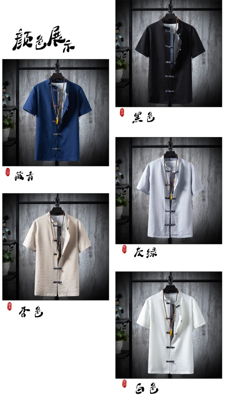 Shirts + Pants summer 100% Cotton linen shorts sleeve Men's Casual Sets Male Fashion trousers and shirts men full size M-5XL