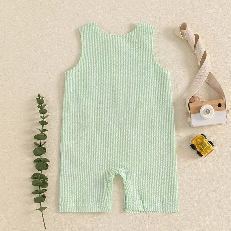 Adorable Infant Boys Sleeveless Romper with Fun Trucker Embroidery and Striped Design - Perfect Summer Outfit for Little Ones