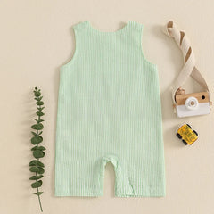 Adorable Infant Boys Sleeveless Romper with Fun Trucker Embroidery and Striped Design - Perfect Summer Outfit for Little Ones