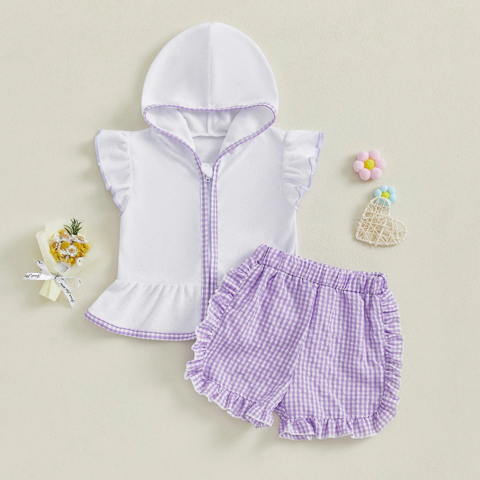MISOWMNJOY Children Girls Beach Clothes Set Cute Flying Sleeve Zipper Hood Tops with Ruffled Plaid Shorts Summer Toddler Outfits