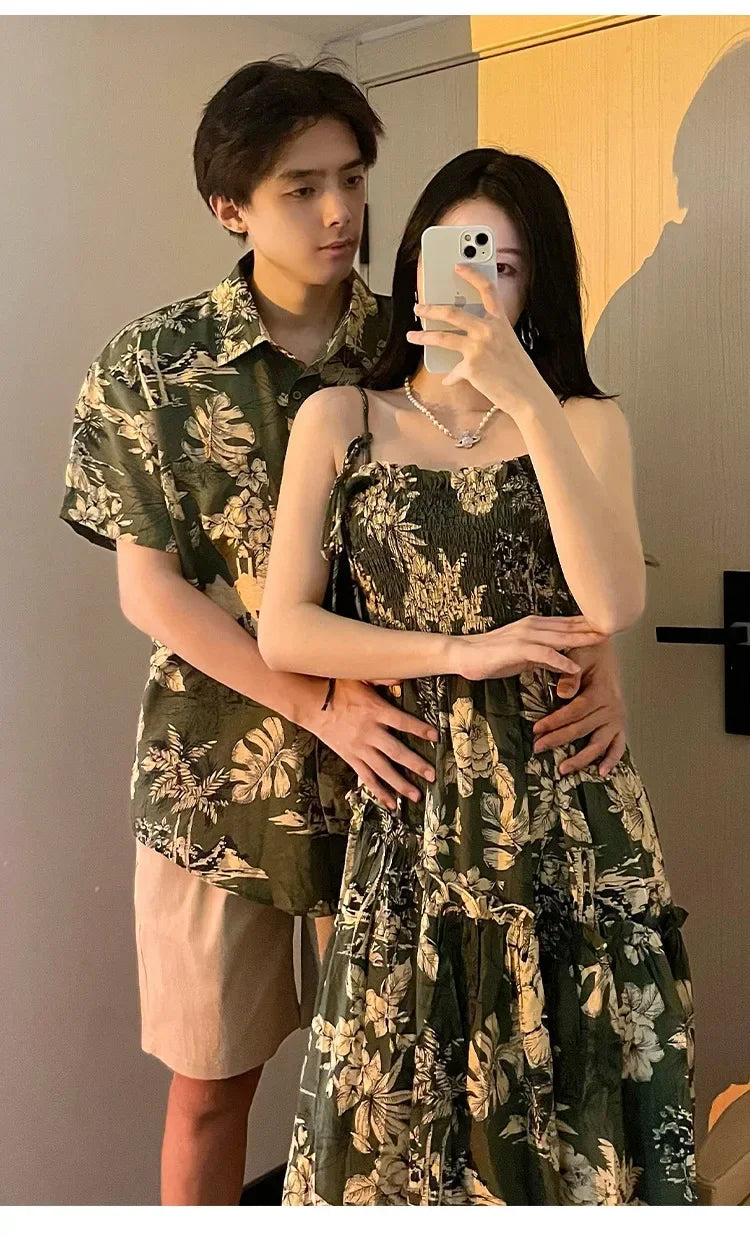 Holiday Family Matching Beach Clothes Couple Vacation Look Mom  Dress Resort Dad Son Print Shirts Outfits Daughter Smock Green
