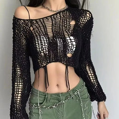 Y2k Cropped Hole Sweater Sexy Gyaru Hollow Out Knit Pullovers Goth Korean Long Sleeve Jumper Summer Fashion Sheer Knitwears Tops
