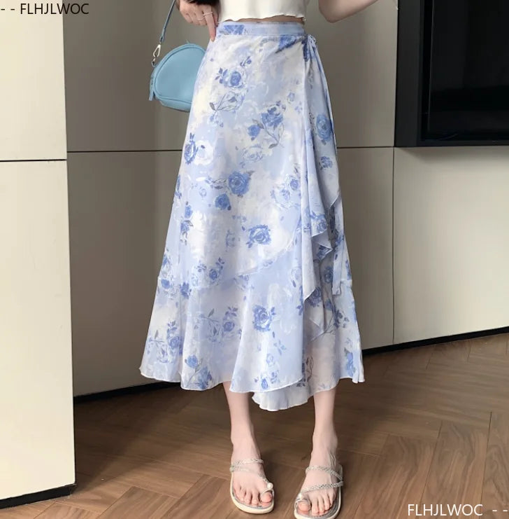 Wrap Up Chic Korea Clothes Women Cute Girls Floral Robe Holiday Beach Date High Waist Retro Vintage One-Piece Lace-Up Skirts