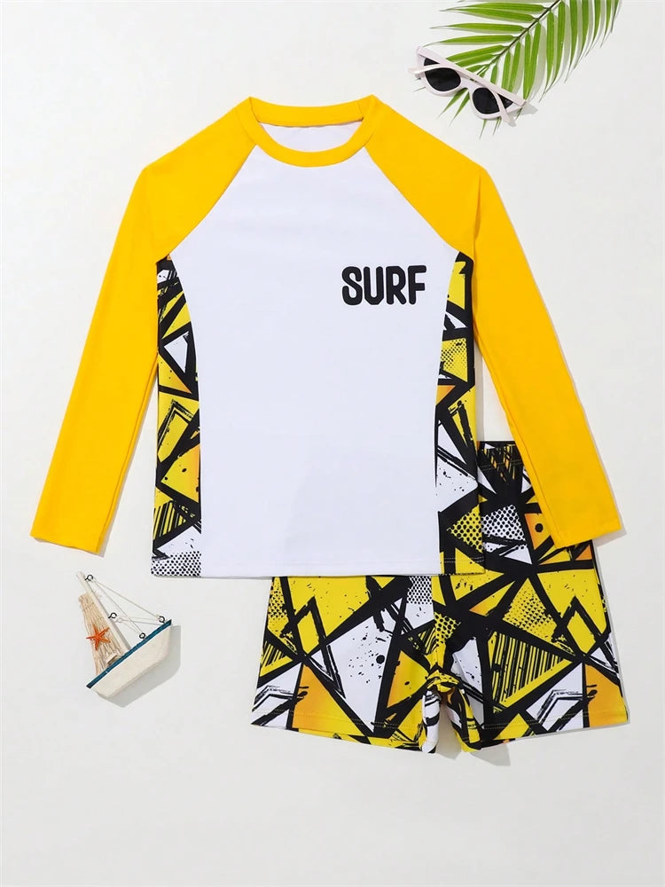 Boy Swimsuit 2026 New Geometry Print Long Sleeve Children Swimwear Summer Two Piece Kids Beach Wear Swimming Bathing Suit Men's