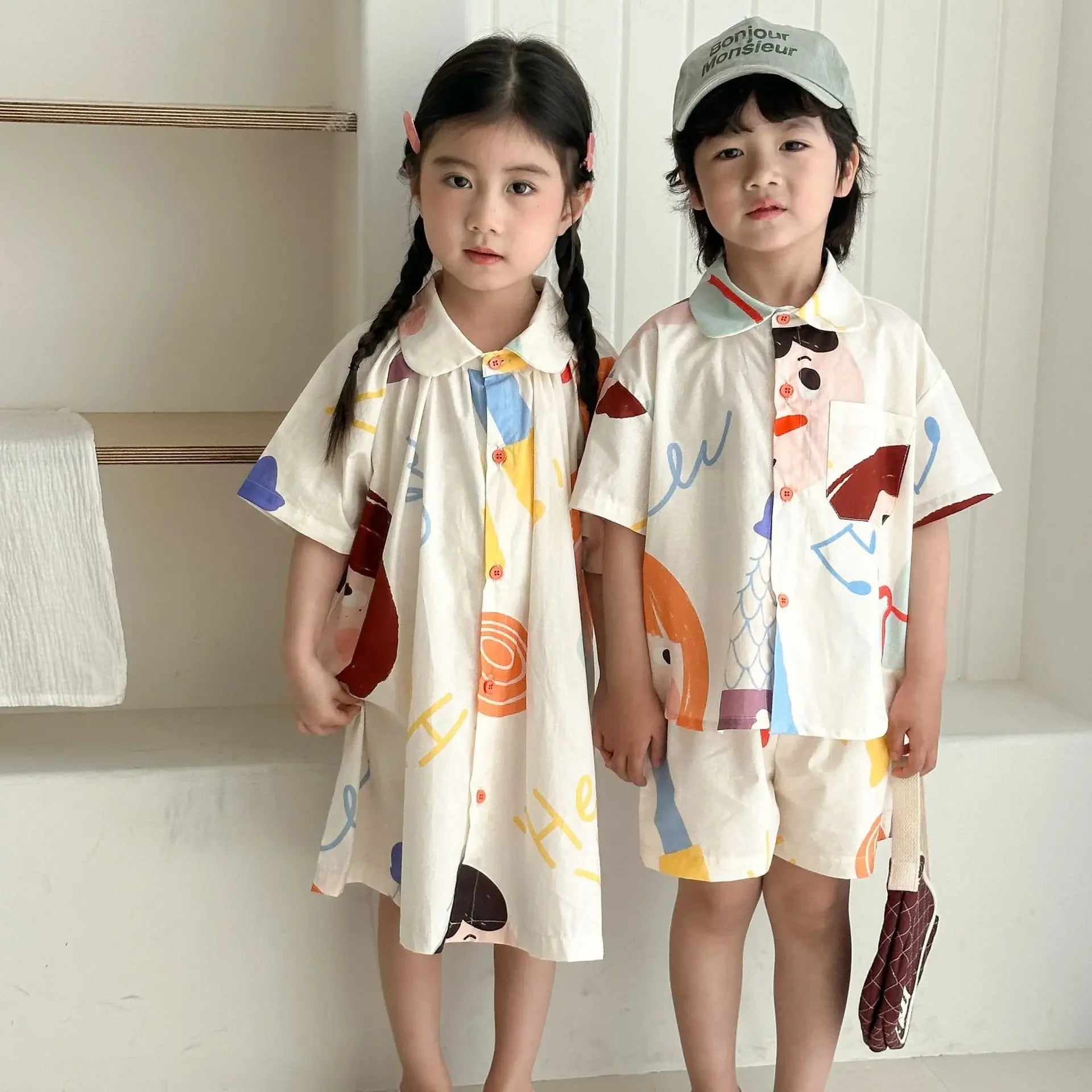 Kids Set Brother And Sister Clothes 2025 Summer New Boy's Two Piece Suit Or Short Sleeve Girl's Graffiti Dress Cartoon Clothes