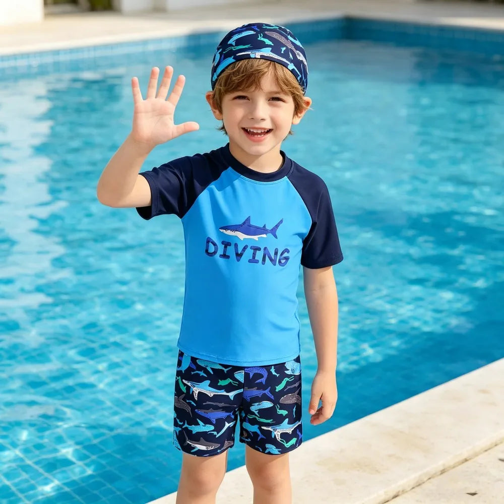Kids Swimming Suits Children Swimsuit Boys Swimwear Set Cartoon Beachwear Surf Bathing Outfits for 4 5 6 7 8 9 10 11 12 13 Years