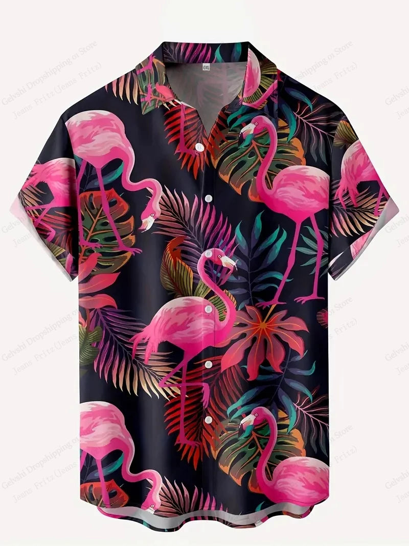 Summer Men's Vocation Lapel Camisa Oversized Hawaiian Shirts Flamingo 3d Print Fashion Men Women Beach Short Sleeve Blouse Boy