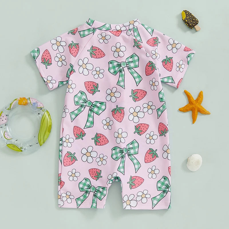0-3Years Baby Boy Girl Rash Guard Swimsuits Fashion Print Short Sleeve Zip Up Rompers Bathing Suit Toddlers Swimwears Beachwear