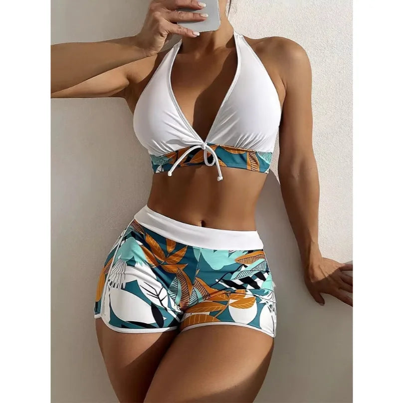 Europe and the United States swimsuit ladies print neck conservative flat Angle high waist split flat Angle bikini high waist