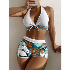Europe and the United States swimsuit ladies print neck conservative flat Angle high waist split flat Angle bikini high waist