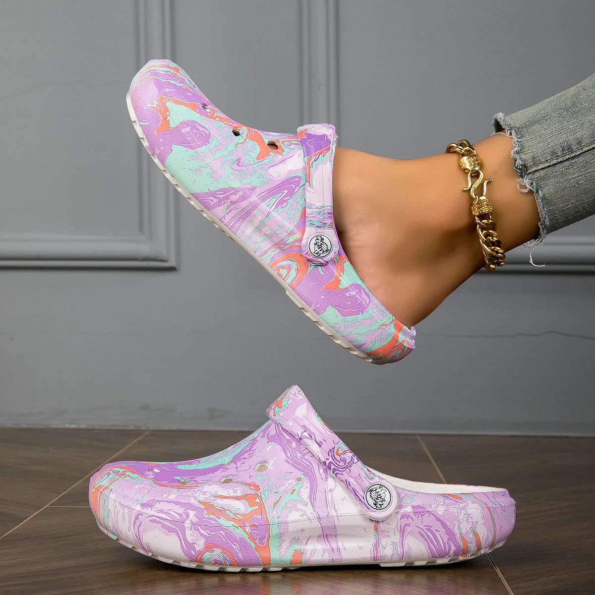 Garden Clogs Comfortable Women's Tie-dye Pattern Clogs, Slip On Lightweight Two-way Wear Clogs, Non-slip Summer Beach Slides 666