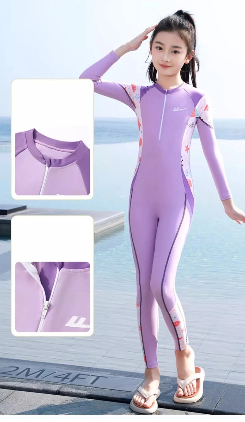 Girls And Boys Swimwear One Piece Long Sleeve Swimsuit Kids UV Protection Front Zipper Children Swimming Suit Summer Beachwear