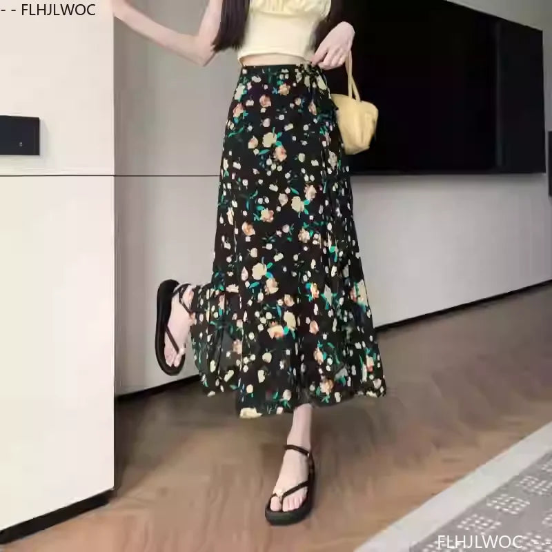 Wrap Up Chic Korea Clothes Women Cute Girls Floral Robe Holiday Beach Date High Waist Retro Vintage One-Piece Lace-Up Skirts