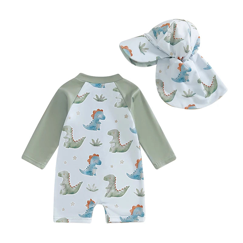 Toddler Boys Rash Guard Swimsuit Children Sportswear Dinner/Crab Print Long Sleeve Zip Bathing Suit with Swim Cap